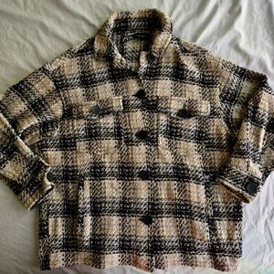 Zara Plaid Oversized Boxy Fit Chunky Tweed Jacket Cream Tan Black Fall